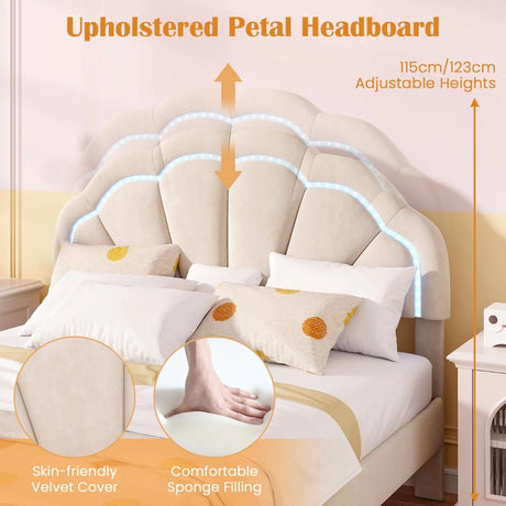Upholstered LED Bed Frame with Adjustable Flower Headboard and Metal Support Feet-Full Size