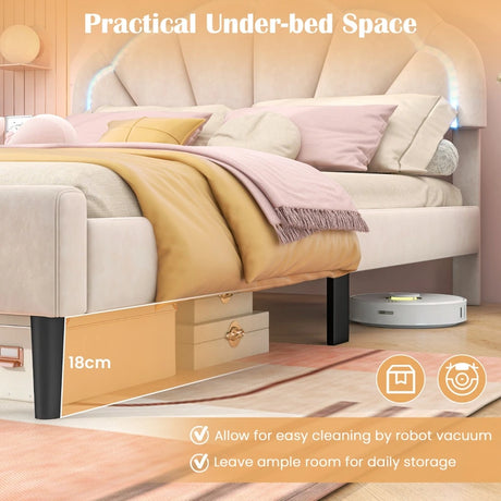 Upholstered LED Bed Frame with Adjustable Flower Headboard and Metal Support Feet-Full Size
