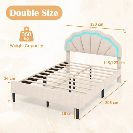 Upholstered LED Bed Frame with Adjustable Flower Headboard and Metal Support Feet-Full Size
