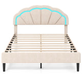 Upholstered LED Bed Frame with Adjustable Flower Headboard and Metal Support Feet-Queen Size