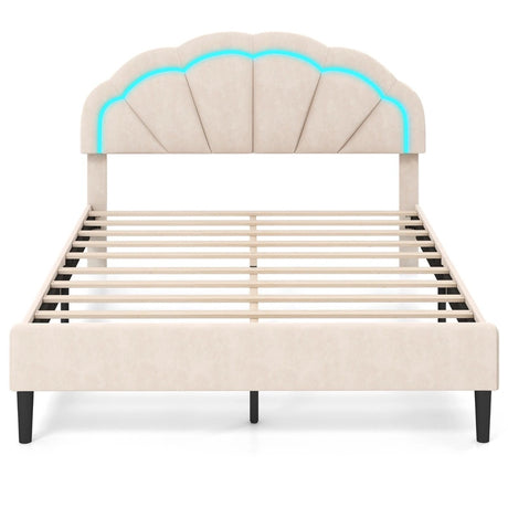 Upholstered LED Bed Frame with Adjustable Flower Headboard and Metal Support Feet-Queen Size
