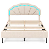 Upholstered LED Bed Frame with Adjustable Flower Headboard and Metal Support Feet-Queen Size