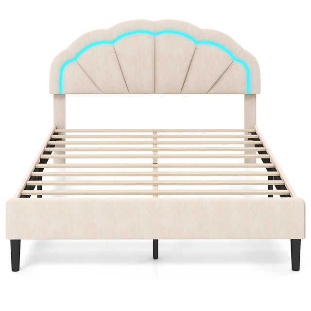 Upholstered LED Bed Frame with Adjustable Flower Headboard and Metal Support Feet-Queen Size