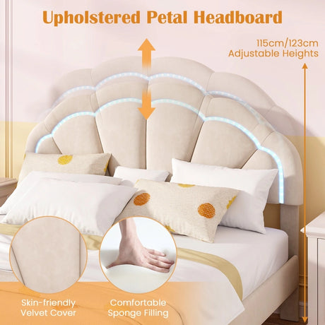 Upholstered LED Bed Frame with Adjustable Flower Headboard and Metal Support Feet-Queen Size