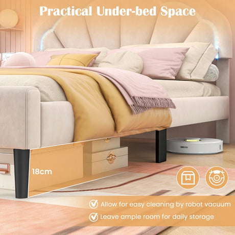 Upholstered LED Bed Frame with Adjustable Flower Headboard and Metal Support Feet-Queen Size
