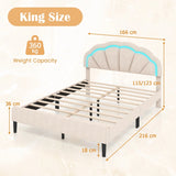 Upholstered LED Bed Frame with Adjustable Flower Headboard and Metal Support Feet-Queen Size