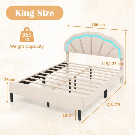 Upholstered LED Bed Frame with Adjustable Flower Headboard and Metal Support Feet-Queen Size