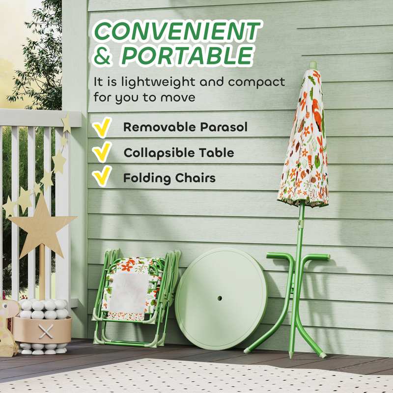 AIYAPLAY 4-Piece Kids Garden Table and Chair Set with Adjustable Parasol, Folding Chairs, Table, Nature Pattern, Green