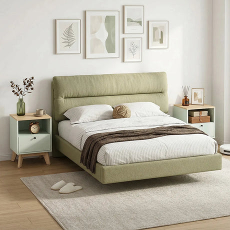 HOMCOM Modern Nightstand Set of 2, Bedside Table with Drawer and Open Shelf, Side End Table for Bedroom, Light Green