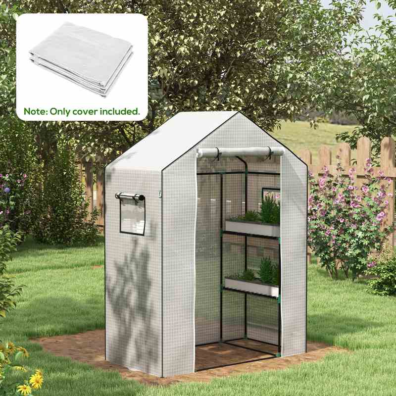 Outsunny Greenhouse Cover Replacement Walk-in PE Hot House Cover with Roll-up Door and Windows, 140 x 73 x 190cm, White