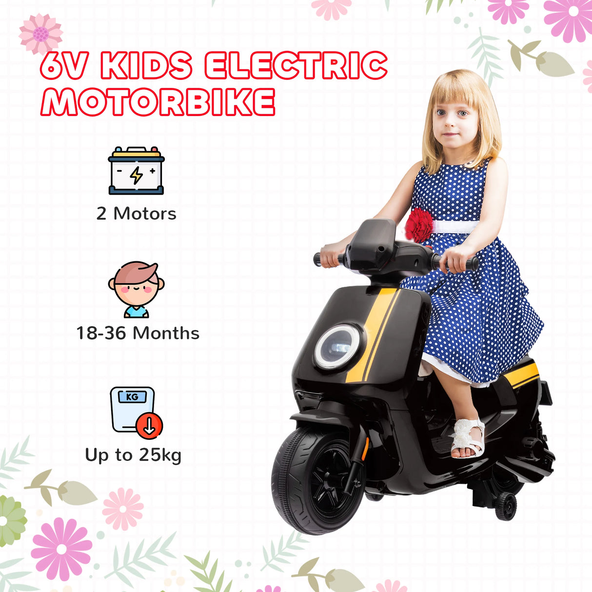 AIYAPLAY 6V Ride on Motorbike, Kids Electric Motorbike w/ Headlights, Music, Training Wheels, for Ages 18-36 Months, Black