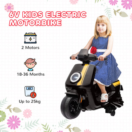 AIYAPLAY 6V Ride on Motorbike, Kids Electric Motorbike w/ Headlights, Music, Training Wheels, for Ages 18-36 Months, Black