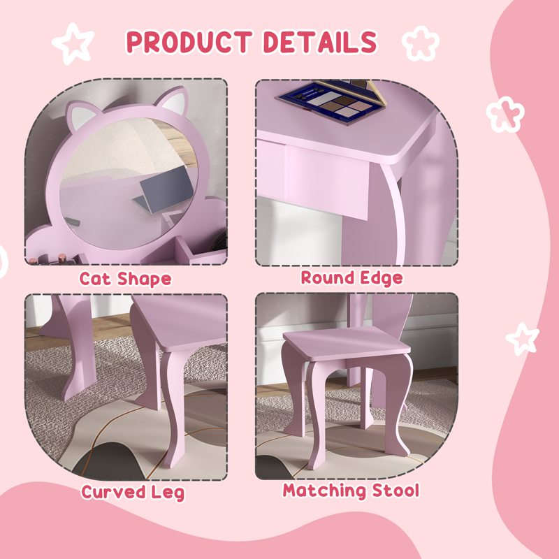 ZONEKIZ Kids Vanity Table with Mirror, Stool, Drawer, Storage Boxes, Cat Design, for Ages 3-6 Years - Pink