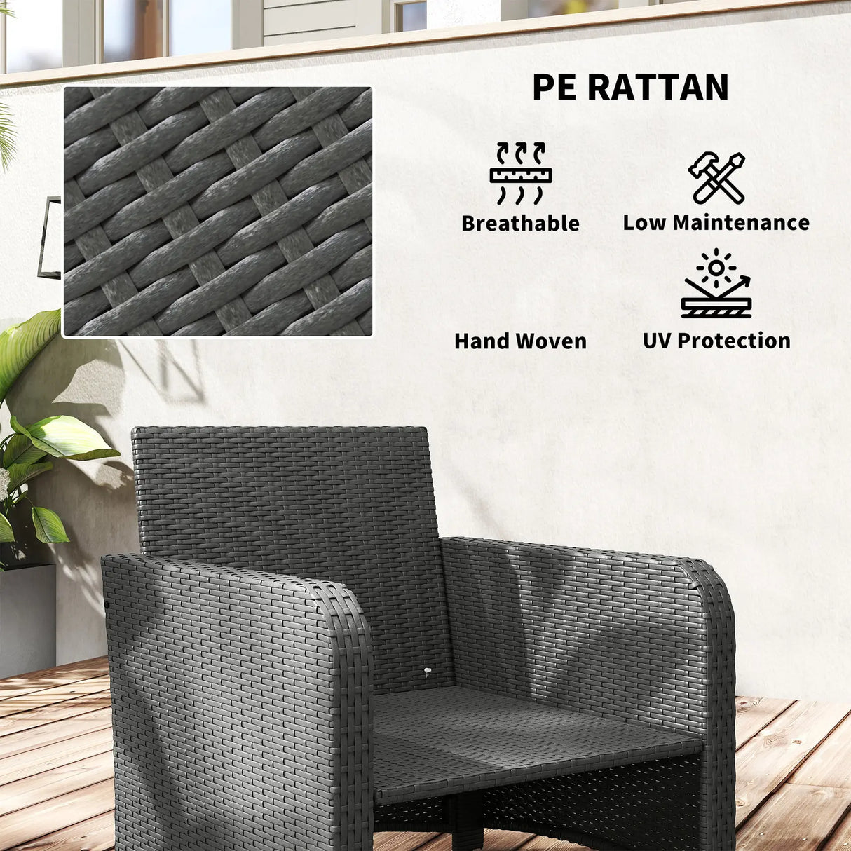 Outsunny Five Piece Rattan Garden Furniture Set with 2-Tier Coffee Table and Ottomans - Grey