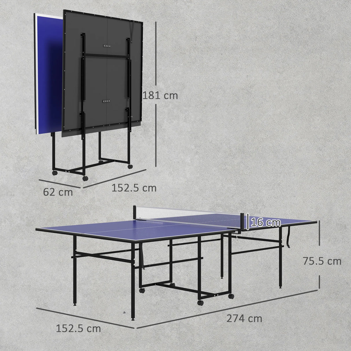 SPORTNOW 9FT Folding Table Tennis Table with Four Wheels, for Indoor Use, Blue