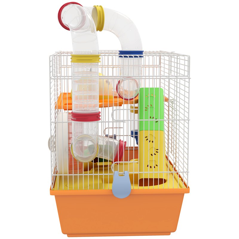 PawHut 3 Tiers Gerbil Cage, Hamster Cage with Tubes, Exercise Wheel, Ladder, Top Handle, 45 x 28 x 37cm - Orange