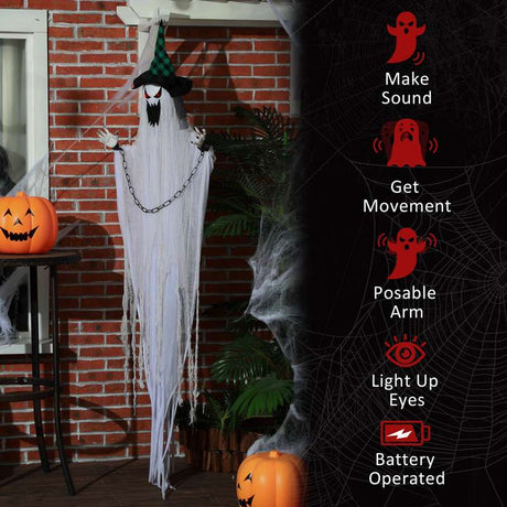 HOMCOM 6'6" Hanging Prisoner Ghost Halloween Animatronic, with Glowing Eyes