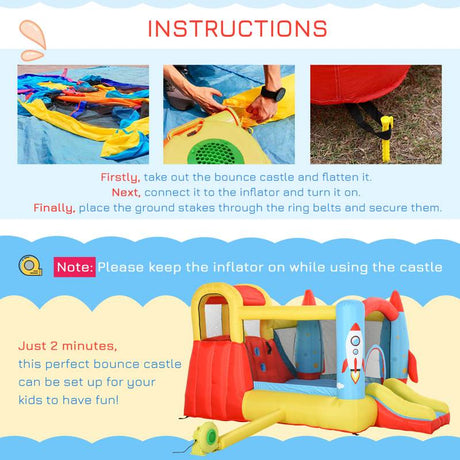 Outsunny Bounce Castle Inflatable Trampoline Slide Pool Rocket Design 3.4 x 2.8 x 1.85m