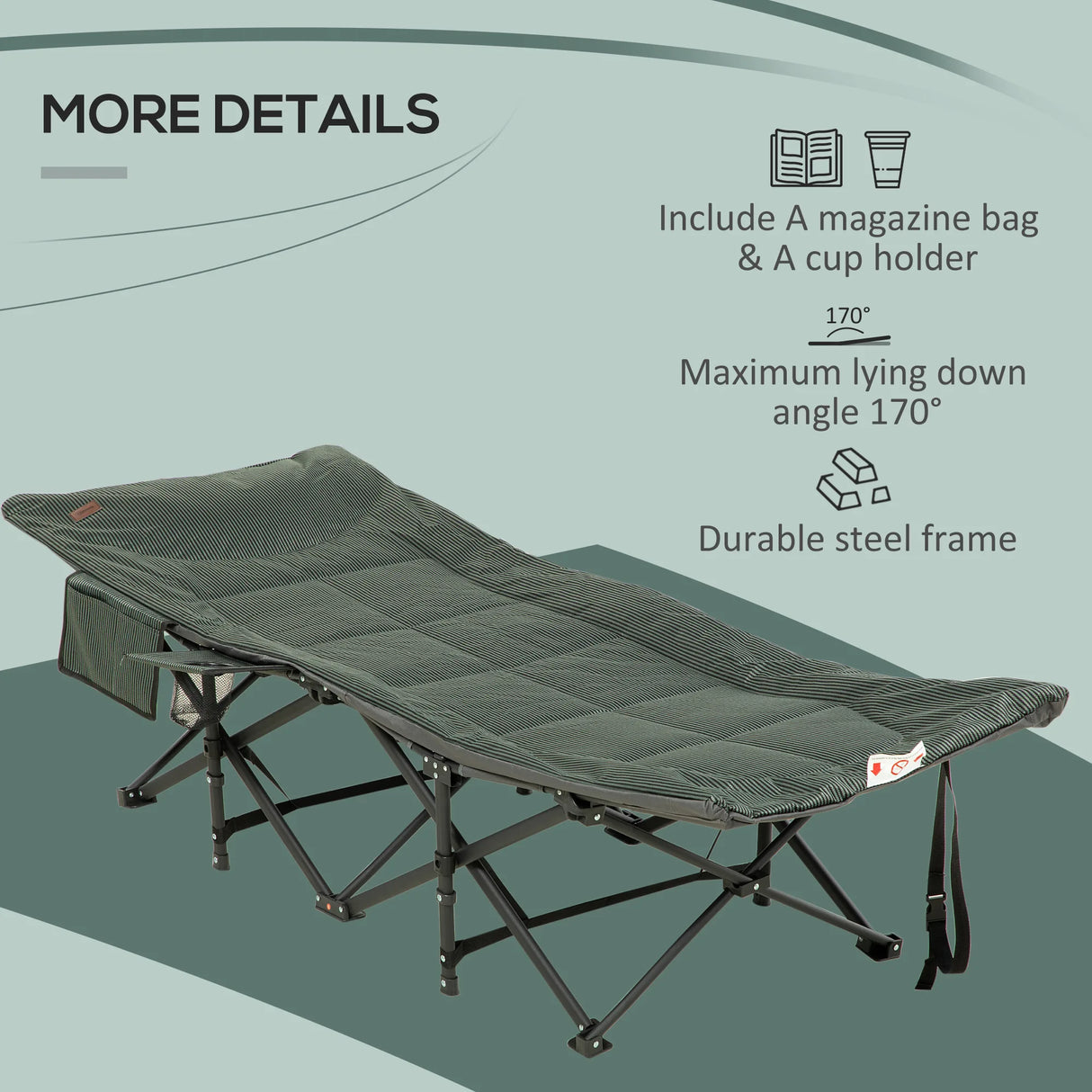 Outsunny Foldable Camp Bed, Padded Patio Camping Bed with Carry Bag, Magazine Bag and Cup Holder for Outdoor, Garden, Grey