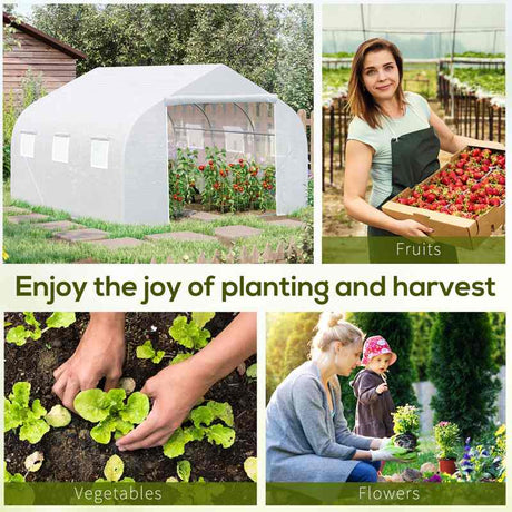 Outsunny Walk-In Tunnel Greenhouse with Replacement Cover, Outdoor Growhouse with PE Cover, Roll Up Door and 6 Windows, 4.5 x 3 x 2 m, White