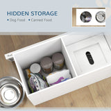 PawHut Raised Dog Bowls w/ Slow Feeder Mat, Storage Cabinet, Three Stainless Steel Bowls, Semi Auto Dispenser Function, White