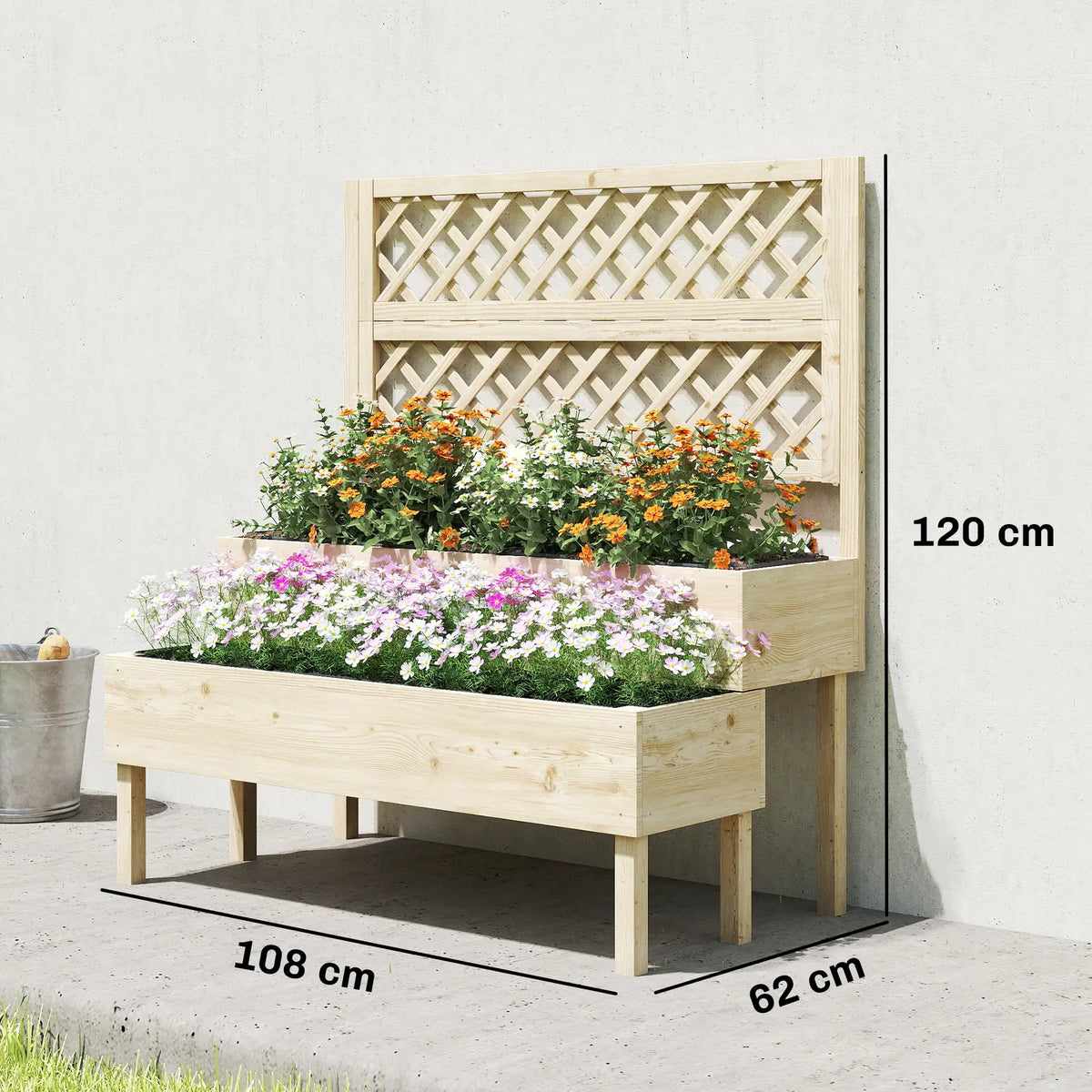 Outsunny Raised Garden Bed 2-Tier Stepped Design Planter Box with Trellis for Climbing Plants 108x62x120 cm