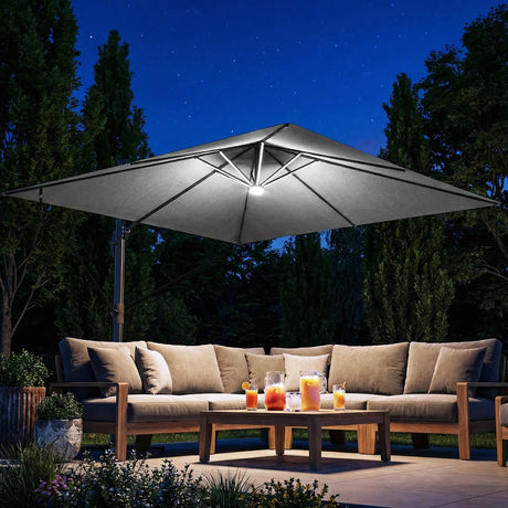 Outsunny 3 x 3 m Garden Cantilever Parasol with Light, Cover, Overhanging Umbrella w/ Wind Protection, 360 Rotation, Light Grey