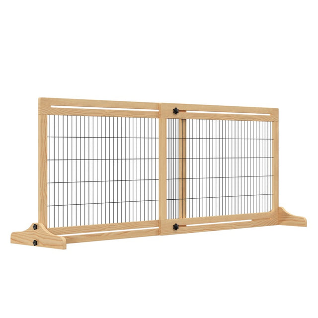 PawHut Freestanding Dog Gate, Foldable Pet Fence, Indoor Wood Barrier, Stair Gate with Support Feet, for Doorway, Hallway, Small and Medium Dogs, 69H x 104-183 cm, Natural Wood Effect