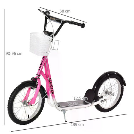 HOMCOM Kids Scooter, Kick Stunt Scooter with Adjustable Handlebar, Dual Brakes, Basket, Cupholder, Mudguard, 16" Inflatable Rubber Wheels, for 5-12 years, Pink