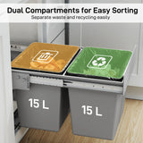 HOMCOM Pull Out Bin, Under Sink Bin - 2 Removable Compartments (15L Each) for 400mm Cabinets, Light Grey