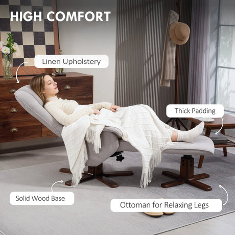 HOMCOM Linen Swivel Recliner Chair with Footstool, Upholstered Reclining Armchair with Wooden Base for Living Room, Light Grey
