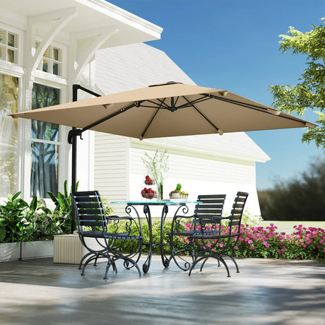 Outsunny 3 x 3 m Cantilever Parasol, Square Patio Umbrella with Crank Handle, Cross Base, Tilt, 360 Rotation, Khaki