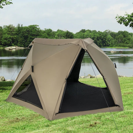 6-Sided Pop-up Family Tent with Rainfly, Skylight, 3 Doors, 3 Windows-Green