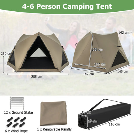 6-Sided Pop-up Family Tent with Rainfly, Skylight, 3 Doors, 3 Windows-Green