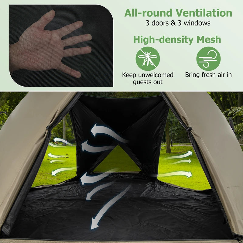 6-Sided Pop-up Family Tent with Rainfly, Skylight, 3 Doors, 3 Windows-Green