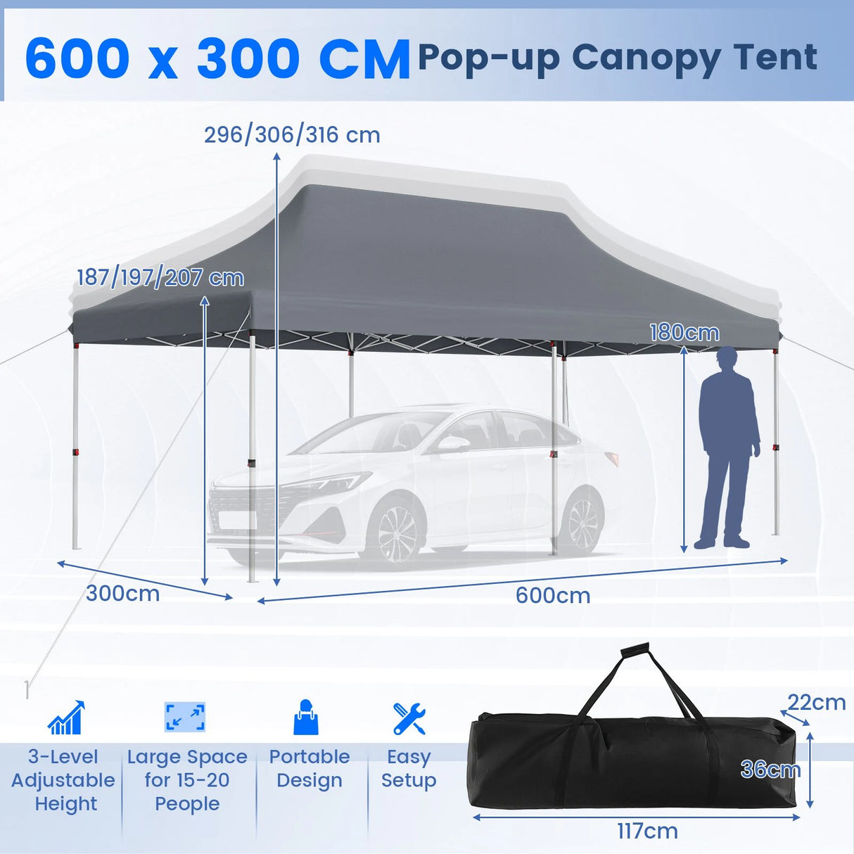 10 x 20 FT Pop-up Canopy Tent with Carrying Bag-Gray