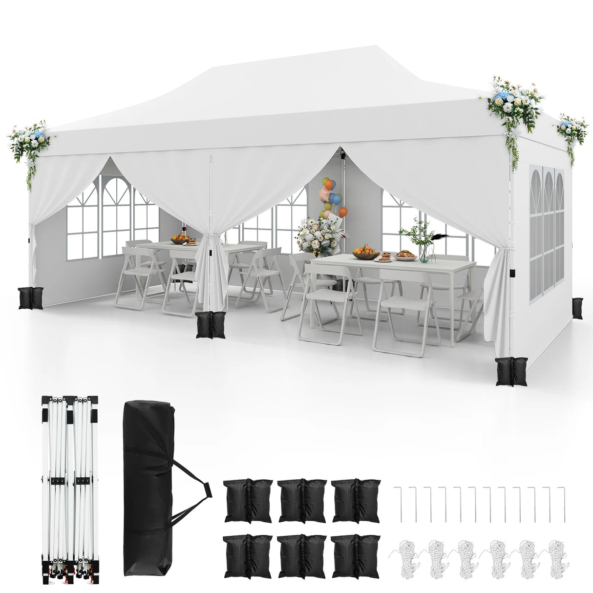 10 x 20 FT Pop up Canopy with 6 Sidewalls and Windows and Carrying Bag for Party Wedding Picnic-White