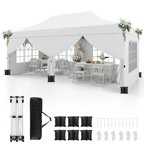 10 x 20 FT Pop up Canopy with 6 Sidewalls and Windows and Carrying Bag for Party Wedding Picnic-White