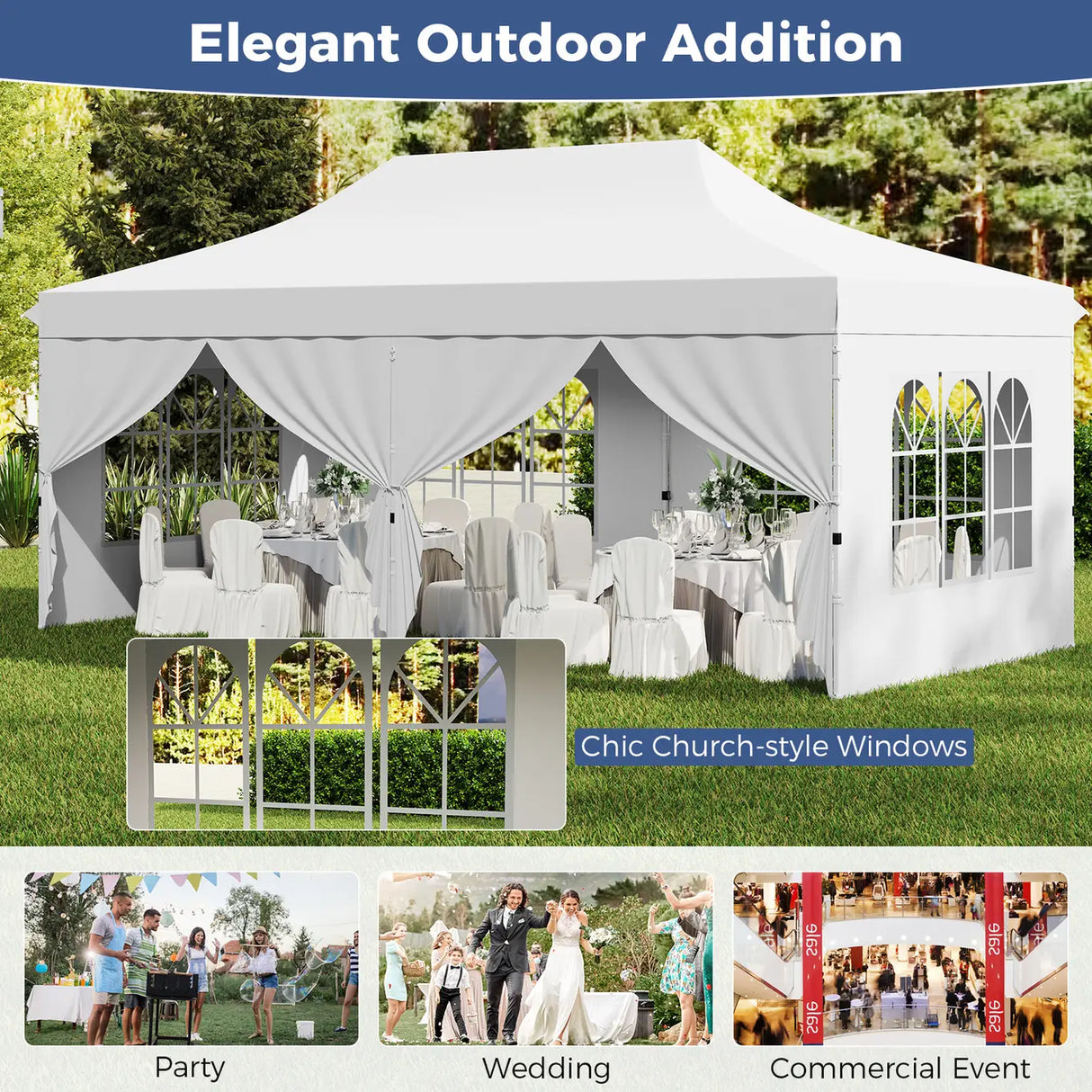 10 x 20 FT Pop up Canopy with 6 Sidewalls and Windows and Carrying Bag for Party Wedding Picnic-White