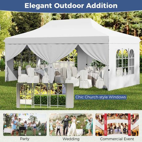 10 x 20 FT Pop up Canopy with 6 Sidewalls and Windows and Carrying Bag for Party Wedding Picnic-White