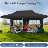 10 x 20 FT Pop up Canopy with 6 Sidewalls and Windows and Carrying Bag for Party Wedding Picnic-Black