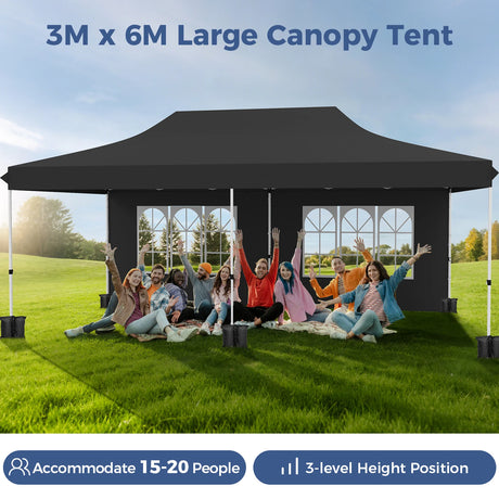 10 x 20 FT Pop up Canopy with 6 Sidewalls and Windows and Carrying Bag for Party Wedding Picnic-Black