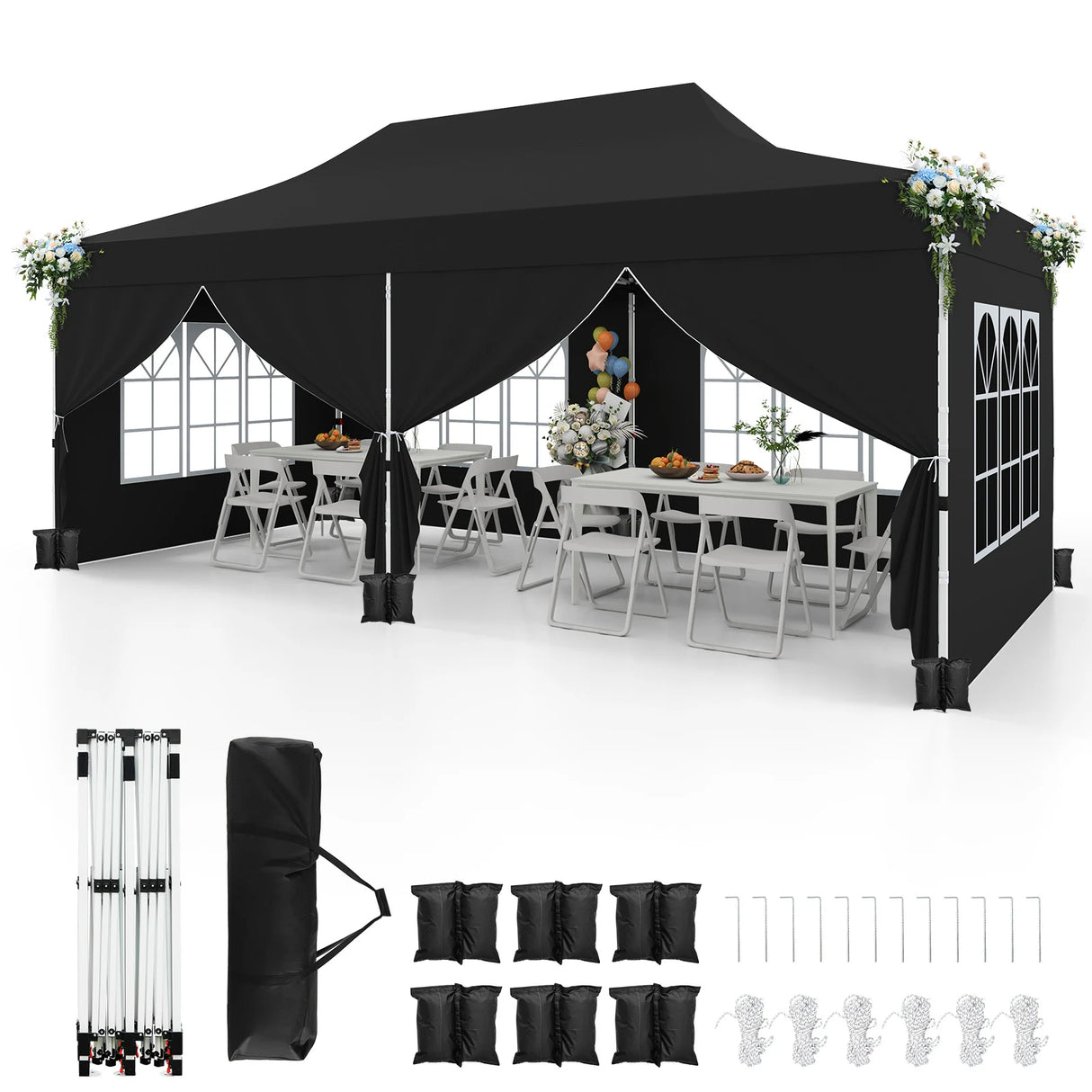 10 x 20 FT Pop up Canopy with 6 Sidewalls and Windows and Carrying Bag for Party Wedding Picnic-Black