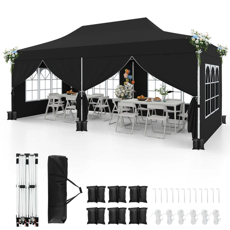 10 x 20 FT Pop up Canopy with 6 Sidewalls and Windows and Carrying Bag for Party Wedding Picnic-Black