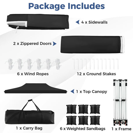 10 x 20 FT Pop up Canopy with 6 Sidewalls and Windows and Carrying Bag for Party Wedding Picnic-Black