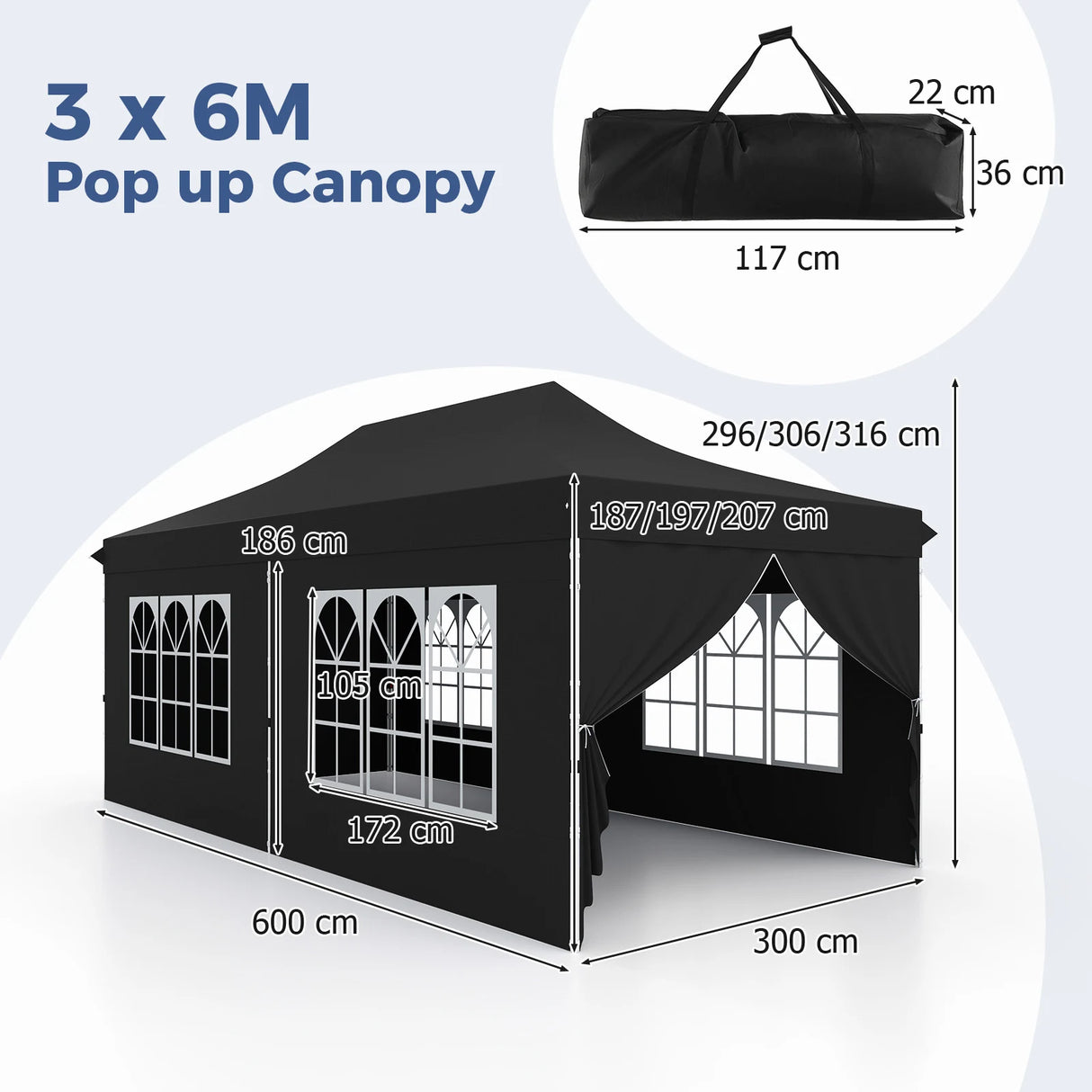 10 x 20 FT Pop up Canopy with 6 Sidewalls and Windows and Carrying Bag for Party Wedding Picnic-Black