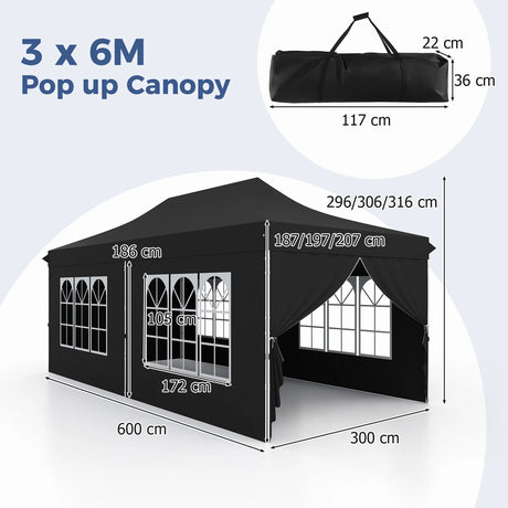 10 x 20 FT Pop up Canopy with 6 Sidewalls and Windows and Carrying Bag for Party Wedding Picnic-Black