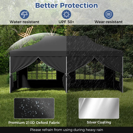 10 x 20 FT Pop up Canopy with 6 Sidewalls and Windows and Carrying Bag for Party Wedding Picnic-Black