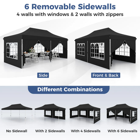 10 x 20 FT Pop up Canopy with 6 Sidewalls and Windows and Carrying Bag for Party Wedding Picnic-Black