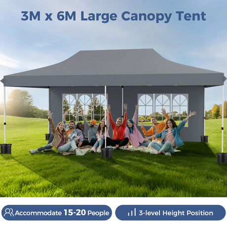 10 x 20 FT Pop up Canopy with 6 Sidewalls and Windows and Carrying Bag for Party Wedding Picnic-Gray
